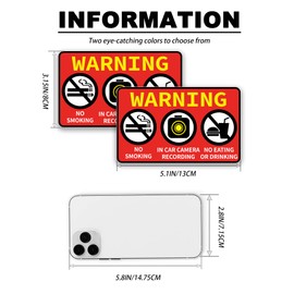 2 PCS No Smoking in This Vehicle, In Car Camera Recording, No Eating or Drinking Stickers，Waterproof and UV Resistant for Van Car SUV Taxi Driver Window Door