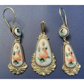 Finift #32 Genuine Russian Jewelry German Silver Set Earrings Pendant Vintage Filigree