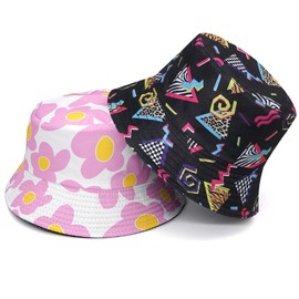 DAVBNM 2 Pcs Bucket Hat, Summer Fashion Beach Sun Cap Unisex, Print Reversible Double-Side-Wear Fisherman Hats for Women Men, for Travel Holidays Disco Hip hop Party