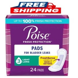 Poise Incontinence Pads for Women, 3 Drop Light Absorbency, Long Length, 24 Coun