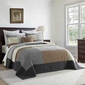 Finlonte Oversized King Bedspread 120"x120" - 100% Cotton Lightweight Quilted Bedspreads Patchwork Coverlet Set, Farmhouse Bedding Plaid Oversized King Quilt with 2 Pillow Shams, Brown/Gray/Beige