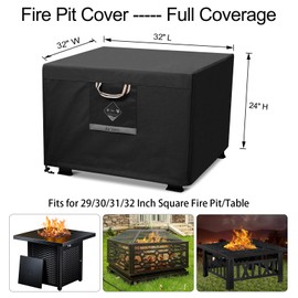 QH.HOME Fire Pit Cover Square Heavy Duty Fabric 100% Waterproof, Fits Outdoor for 29”,30 inch,31 inch,32 inch Fire Pit/Table Cover,Gas Fire Pit Cover (32”L x 32”W x 24”H,Black)