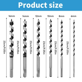 Wood Drill Bit Set 6, 8, 10, 12, 14, 18 mm x 230 mm Auger Drill Bit with Hex Shank Bar Drill Long Professional Carbon Steel Formwork Drill Wood Auger Drill for Precise Wood Drilling