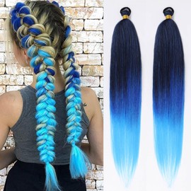 CHARSUN Braid Ponytail Hair Extensions with Elastic Tie,2 Pcs Straight Braid Hair Extension Rave Hair Natural Soft Hairpieces Synthetic Ponytail Extension 26 Inch(Black Blue/Light Blue)