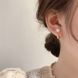 Pearl Hoop Earrings for Women Trendy Double Sided Earrings 14k Gold Pearl Hoop Earrings Dainty Lightweight Pearl Jewelry Gift for Girls