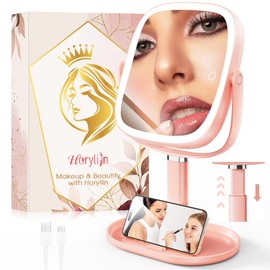 Horyliin Makeup Mirror with Lights - 10x/1x Magnifying Mirror with Light, Rechargeable Desk Mirror with 3-Color Lighting & Memory Function, 360° Adjustable Table Mirror, Gift for Women (Pink)