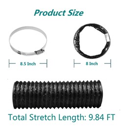 Dryer Vent Hose 8 Inch Air Duct 9.84 Feet Flexible Adjustable PVC Heavy-Duty Four-Layer Air Duct Hose with 2 Screw Clamps for HVAC Ventilation (Black)