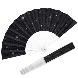 EOSAU Glitter Folding Hand Fans for Women Foldable Handheld Clack Fans for line Dancing, Wedding, Church, Festival, EDM, Party, Club, Rave Accessories (Black 03 Medium)