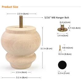 Crawopft 3 Inch Wooden Furniture Legs, Set of 4 Replacement Solid Wood Unfinished Round Furniture Bun Feet for Couch Chair Sofa Dresser Desk Table Cabinet Bed Bookcase (3inch)