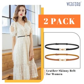 WERFORU Pack of 2 Leather Skinny Women Belt Fashion Women's Thin Leather Waist Belt for Dresses with Gold Buckle, A-Black+Brown