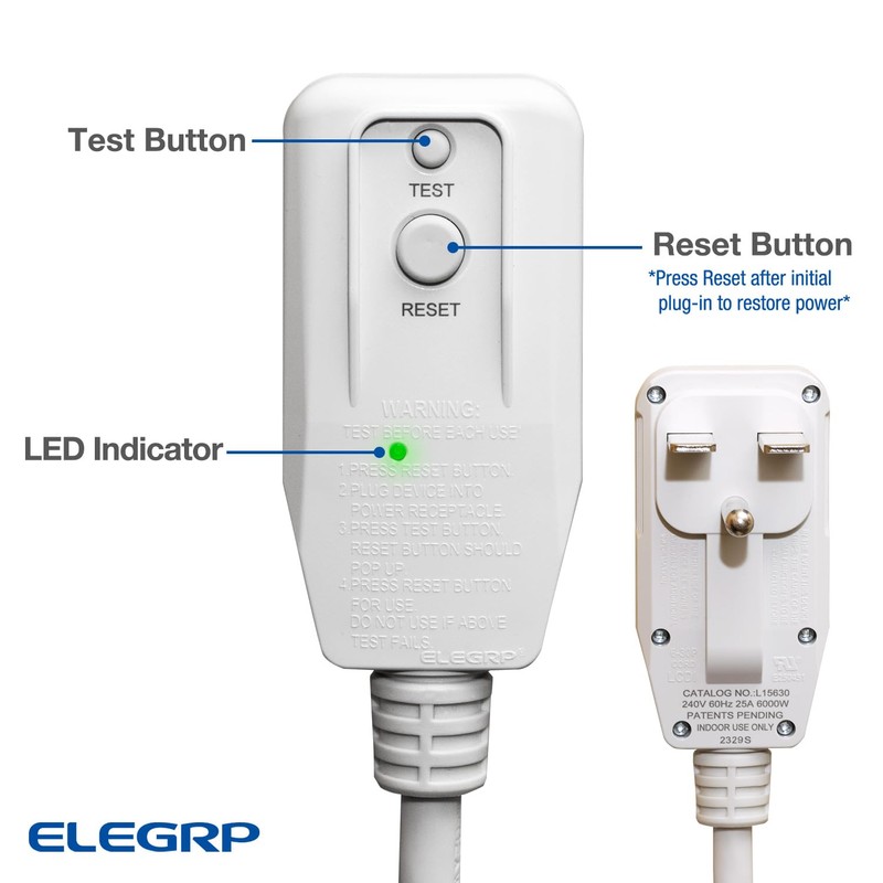 ELEGRP L15630 12AWG Gray LCDI Power Cord Plug for A/C
