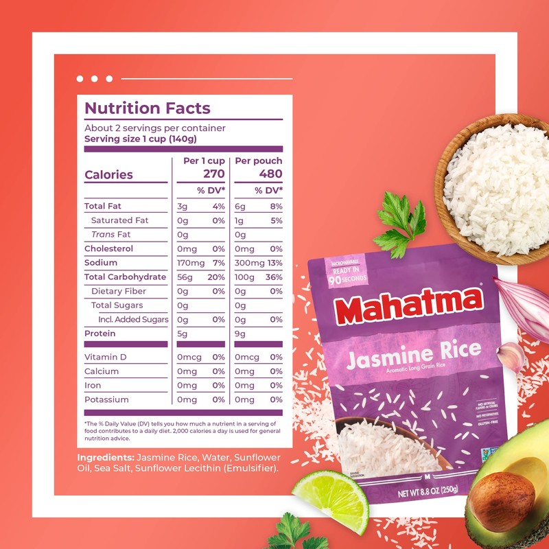 Mahatma Ready to Heat Jasmine Rice, Precooked Rice, Microwaveable in