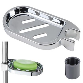 Clip-on Bathroom Soap Dish Adjustable Shower Rail Soap Holder ABS Shower Soap Tray with 22mm Shower Round Rail Pole for Tube Pipe Rod Pole Bathroom Kitchen Sink (Silver)