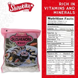 "Shirakiku Sushi Nori Seaweed - Japanese Sushi Nori Roasted Seaweed Sheets for Sushi Rolls | Perfect for Soups, Tofu, and Salads | Pack of 1 Contains 50 Sheets, 3.75OZ"
