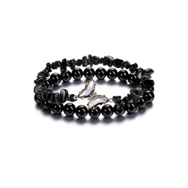 CrystalTears Black Obsidian Crystal Bracelets for Women Natural Healing Gemstone Black Obsidian Beaded Bracelet Butterfly Charms Stone Layered Bracelet Gifts for Women Girls