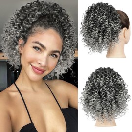Lommel Drawstring Ponytail for Black Women,10 Inch Ponytail Extension for Black Women Curly Pony Tails Hair Extensions for Girls Afro Kinky Curly Hair Pieces for Daily Use(Mix Grey)