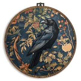 KFXHANGD Vintage Raven Crow Round Wall Art Framed, Raven Botanical Wall Art, Cottagecore Crow Canvas Wall Art Decor,Gothic Mid Century Dark Raven Hanging Wall Decor for Bathroom Living Room, 10x10In