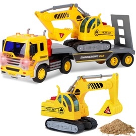 Liberty Imports Tow Truck with Excavator Toy for Kids, Construction Truck Toy with Excavator, Semi Truck with Lights and Sounds, Flatbed Truck Toy Push and Go Construction Vehicle for Boys, Girls