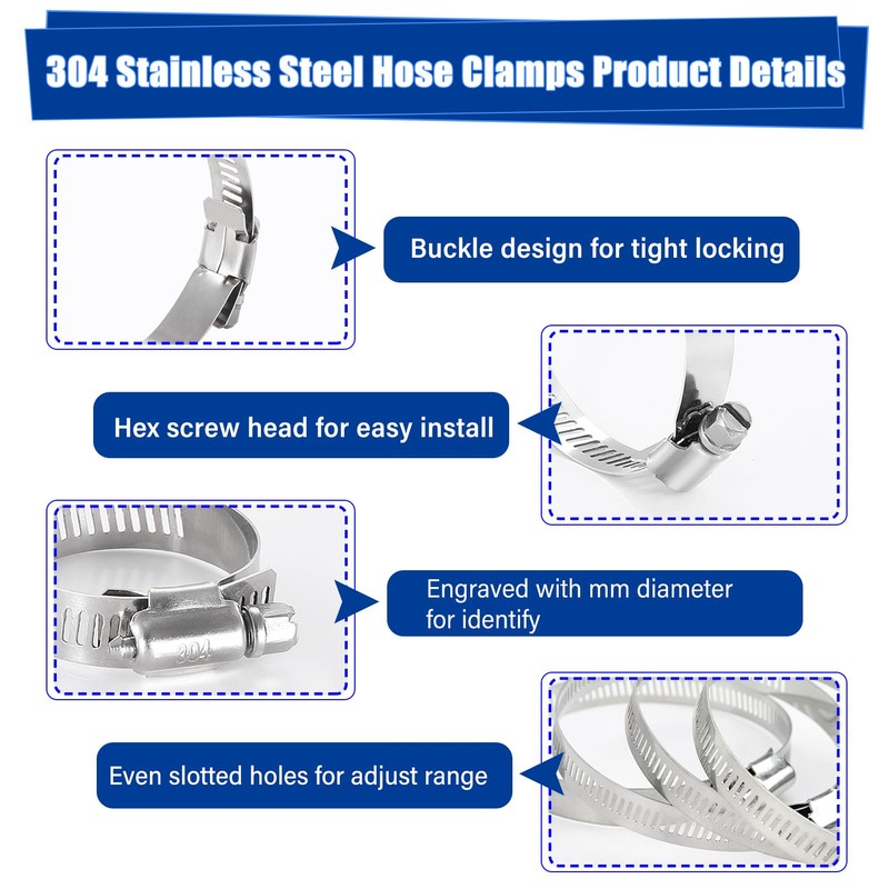30PCS Stainless Steel Hose Clamps, 1/4" to 7/16" (6-12mm) Adjustable