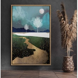 SIGNFORD Framed Canvas Print Wall Art Golden Path with White Tree Silhouettes Abstract Wilderness Illustrations Modern Art Contemporary Scenic for Living Room, Bedroom, Office - 16"x24" Natural
