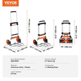 VEVOR Folding Hand Truck and Dolly, Max 309 lbs Load Capacity, Aluminum Portable Cart, Convertible Hand Truck and Dolly with Telescoping Handle and PP+TPR Wheels, Ultra Lightweight Super Strong - Color: 275 lbs