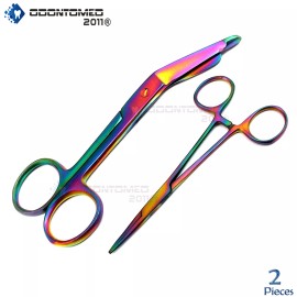 ODM Multi Titanium Rainbow Color Lister Bandage Scissors 5.5"/Straight Hemostat 5.5"