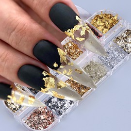 Holographic Glitter Nail Art Gold Foils,12 Colors Sparkly Champagne color and silver line Ultra-Thin Aluminum Flakes Design, Irregular Nail Sequins Acrylic Manicure Accessories DIY Charms 3D Nail Tips