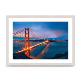 Lithobee - Golden Gate Bridge At Night San Francisco - Printed Wall Art Design in Sizes A2, A3 & A4 Framed in a Stylish Quality Coloured Frame or Unframed (A3 White Saw Cut Grain Frame)