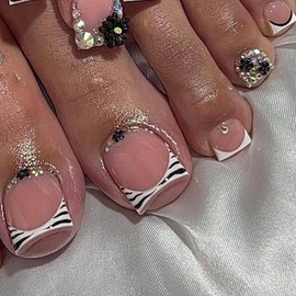 24 Pcs Press On Toenails for Women,YEFIUO White Zebra French Tip Fake Toe Nails Press ons Nail Art Flower Rhinestones Glitter Design Full Cover Glue on Toe Nails Stick on Nails Acrylic False Toe Nails