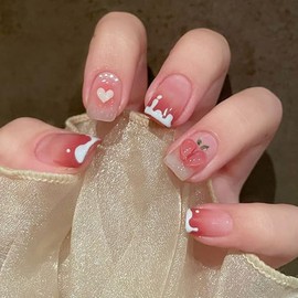 French False Nails - Medium Long Square Press on Nails with Nail Glue - Full Cover Reusable False Nails Stick on Nails White Nail Tips for Women Girls Nails Art (Nude Pink White, 24PCS)