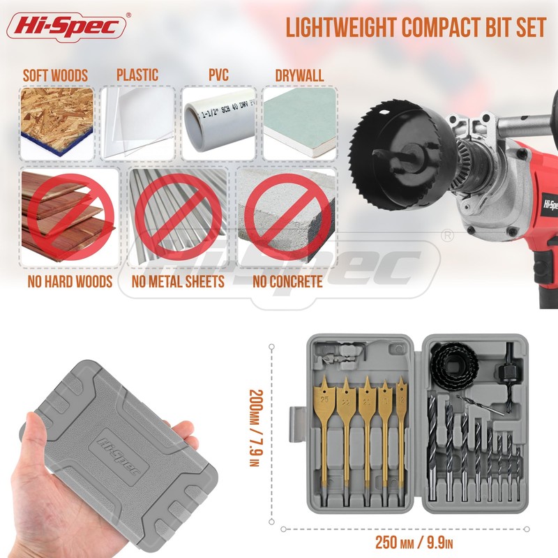 Hi-Spec 18pc Wood Hole Saws, Brad Points & Spade Drill