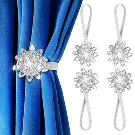 AULEEP Magnetic Curtain Tiebacks, 4 Pack Modern Metal Curtain Tie Backs, Indoor & Outdoor Use Decorative Drapes Clips Buckle with Crystal Flower Beads for Thin or Thick Curtains(Silver)