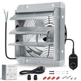 Hipoilk 12 Inch Shutter Exhaust Fan, Wall Mount Attic Fan with Thermostat and Speed Controller for Greenhouses, Sheds, Garages, Chicken Coops, Barns Ventilation, 970 CFM