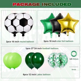 Football Birthday Balloons Set, 7th Birthday, 32 Inch Green Number 7, Trophy, Footballs, Stars, Confetti Balloons, 13 Piece Set with Ribbon