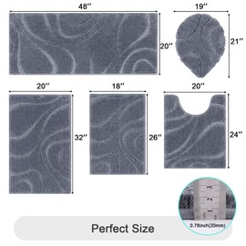 HEBE Bathroom Rugs Sets 5 Piece, Soft Absorbent Microfiber Bath Mat for Bathroom, Non Slip Washable Bath Rug Set with Toilet Cover, Bath Runner and U-Shaped Contour Toilet Rug