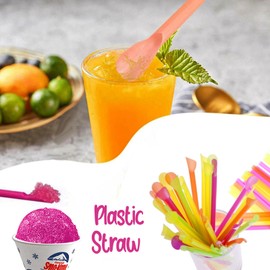 Concession Essentials 100 Count 6oz Snow Cone Cups with 100 8" Neon Spoon Straws, Pack of 200ct (100 cups/100 straws)