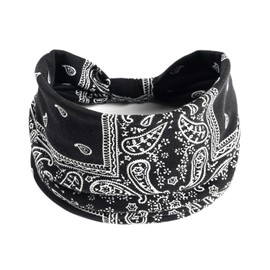 1 Pack Boho Headbands Stretch Paisley Print Bandana Headband Criss Cross Hair Bands Knotted Head Wrap Yoga Daily for Women and Girls (Black)