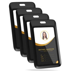 4 Pack Sliding Black ID Badge Holder, Heavy Duty Plastic ID Badge with Clear Window, Vertical Key Card Holder Protector Pouch for Office School ID Cards Proximity Key Cards Drivers Licenses & Passes
