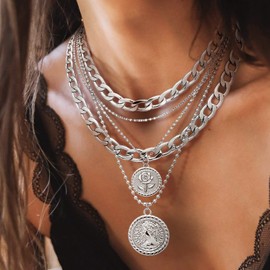 MJartoria Gold Layered Necklaces for Women Trendy Retro Coin Pendant Necklace Dainty Chunky Chain Choker Necklaces for Jewelry Birthday Gifts (Silver, B-Rose June Birthflower-3PCS)