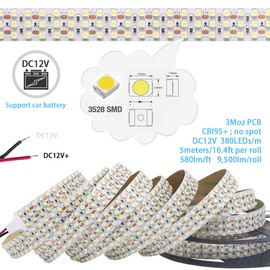 SuperLightingLED High CRl 95 LED Strip Lights 6000K Daylight White, DC12V Brightest Triple Row 1800LEDs 3528 Full Spectrum LED Strip for Photography & Display (12V 6000K 5m/16.4', Non-waterproof IP20)