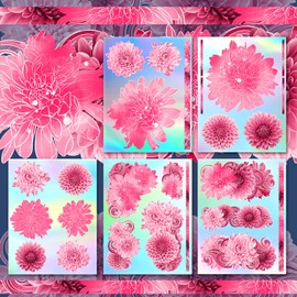 Holographic Stickers Pack # Bright Pink Dahlia HANATABA Vintage Art Deco Styled Wall Laptop Large Vinyl Hologram Stickers Real Size Photorealistic Flowers