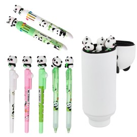 Panda Stationery Set with Pencil Case, 3 Gel Pens with Black Ink, 2 Ballpoint Pens in 10 Colours, 2 Blue Erasable Gel Pens, 2-in-1 Cute Pencil Case, Stand Up Pencil Case