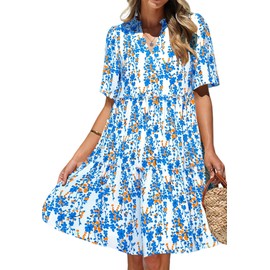 KIRUNDO Womens Summer Dresses Casual Boho Floral Mini Babydoll Short Sleeve A Line Dress V Neck Sundress Beach Vacation(White Blue Orange, Medium)