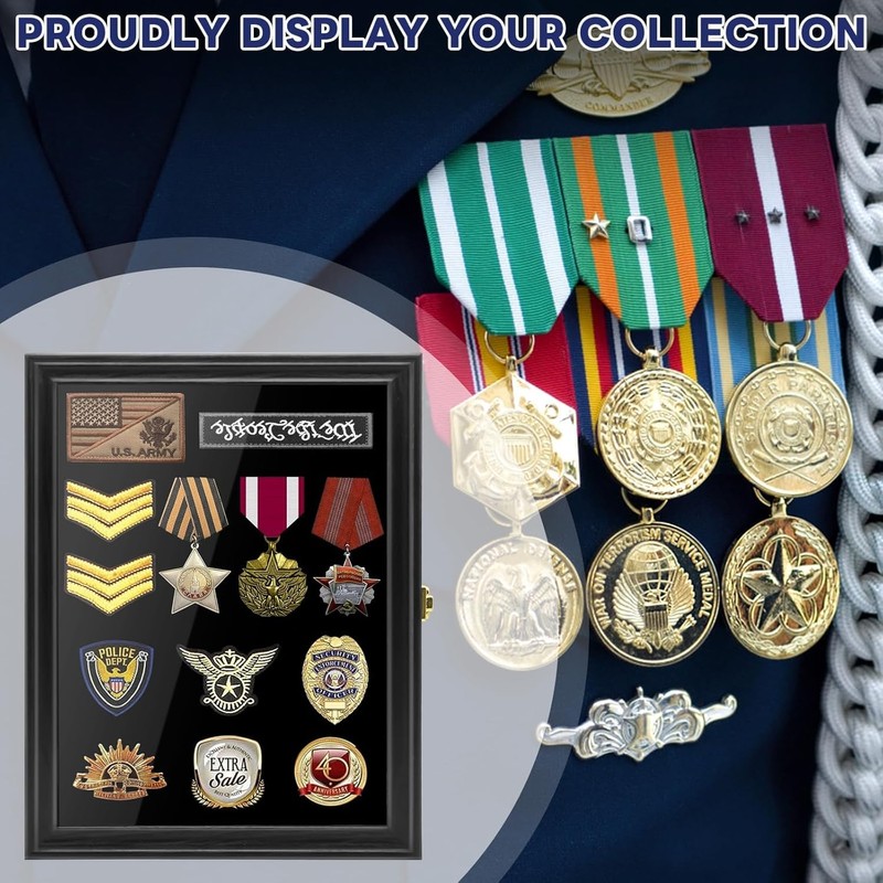 Military Pin Display Case Shadow Box, Solid Pine Wood Medal