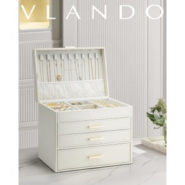 Vlando 4 Layer Large Jewelry Box - Jewelry Holder Organizer, Jewelry Box Organizer for Drawer Necklace Ring Bracelet and Watch, Birthday Gift for Loved Ones - Beige