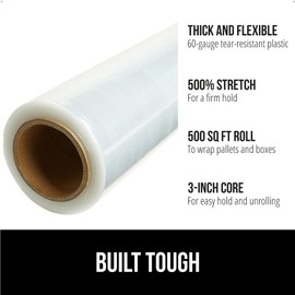 GORILLA GRIP 500% Stretch Film Heavy Duty Plastic, 2 Pack 500ft Shrink Wrap Rolls 17" Puncture Resistant, Industrial Strength for Pallet Storing, Wrapping, Moving, Packing Furniture Protection Clear