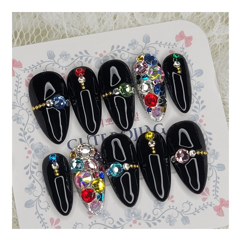 Color Full Stone Handmade Nail Tips - Square L /