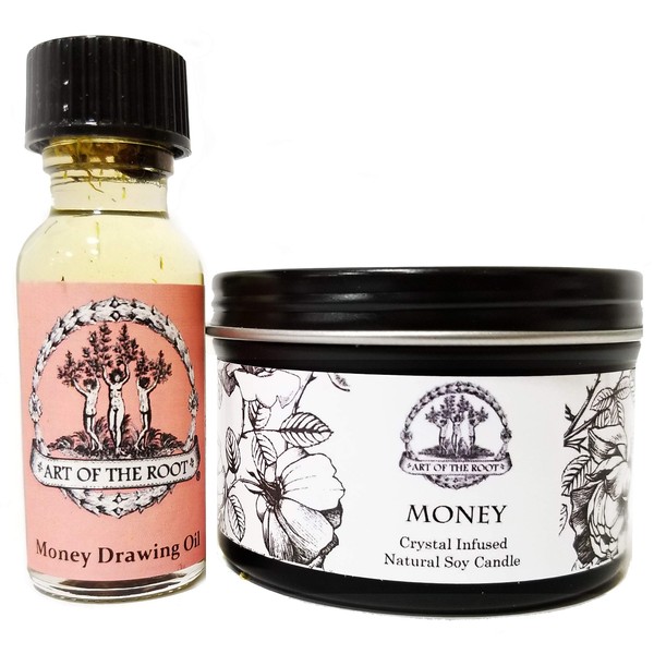 Money Drawing Mini Spell Set | 4 oz Soy Candle with Tiger's Eye Crystal & a 1/2 oz Oil | Wealth, Cash, Prosperity, Abundance Rituals | Wiccan, Pagan, Hoodoo, Conjure, Magick