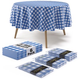 Exquisita funda de mesa de pícnic, paquete de 6 manteles de plástico redondos de alta calidad, color azul oscuro y blanco, mantel de plástico desechable a cuadros de cuadros de 84 pulgadas Redondo