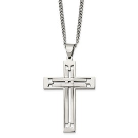 Auriga Fine Jewelry Stainless Steel Polished Cross Curb Chain Pendant Necklace for Men 24"", White, AFJ-QG-SRN2382-24-PK